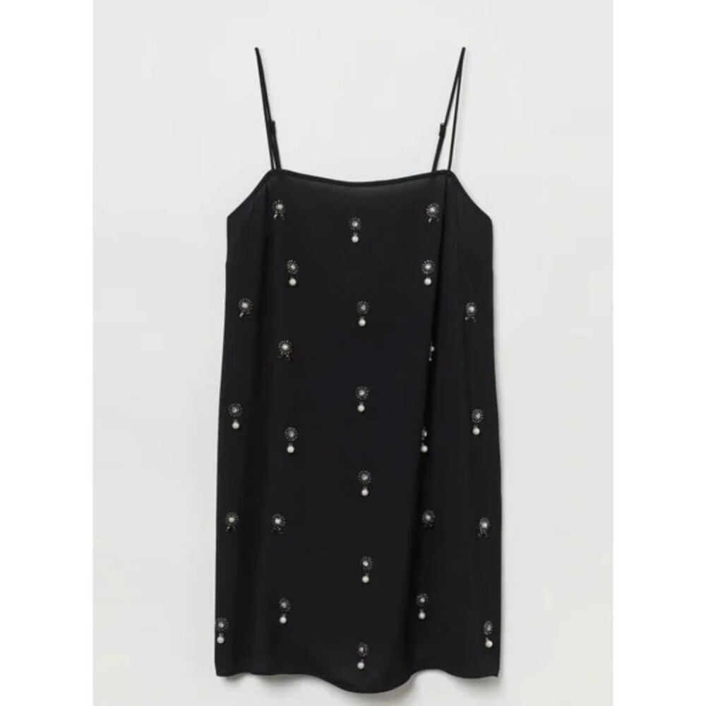 H&M Black Slip Dress with Faux Pearl Embellishments - Picture 7 of 9